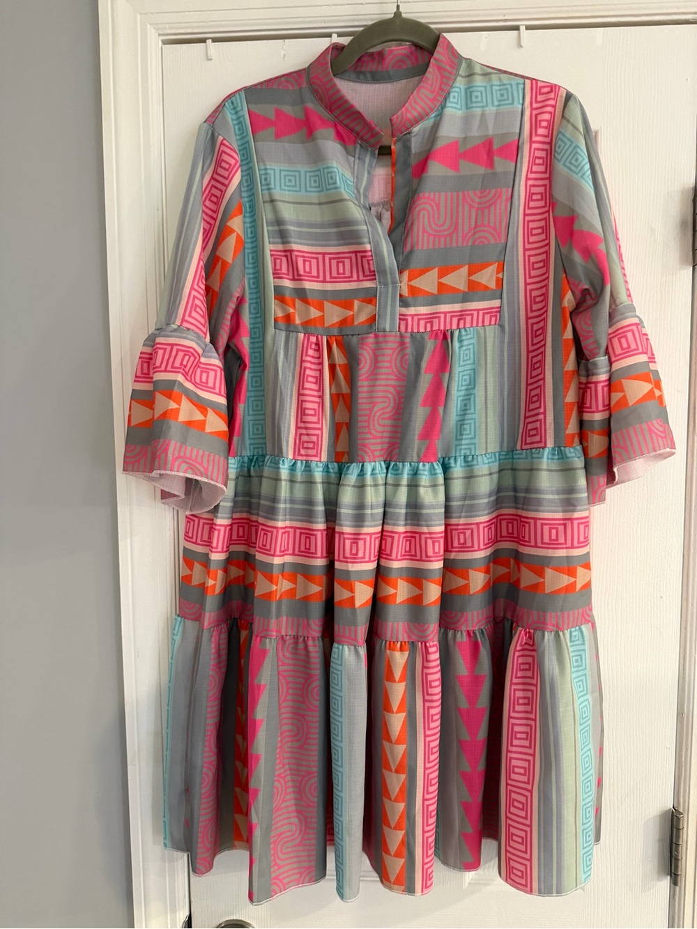Women’s Pink & Aqua Geometric Tiered Dress